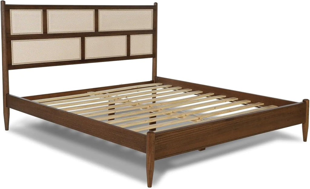Grain Wood Furniture Mid Century Cane Solid Wood Queen Size Bed with a Brushed Walnut Finish