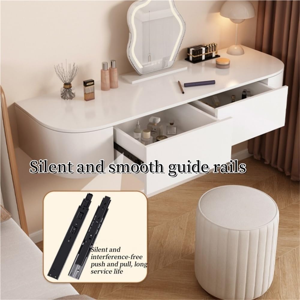 Corner Floating Desk with Drawers Modern White Wall-Mounted Vanity Makeup Table for Room & Bathroom Solid Construction(Middle)