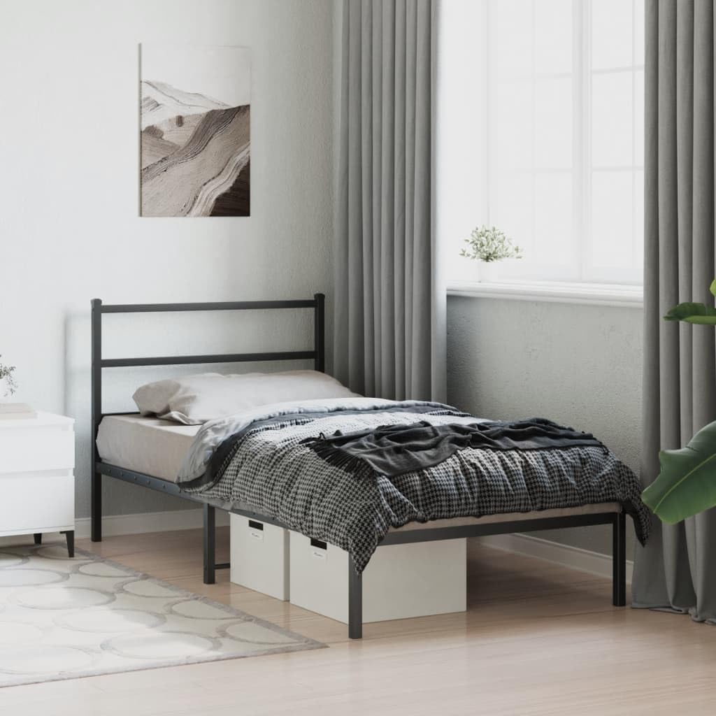 Modern Twin Bed Frame Black Steel Rectangular with Elegant Headboard and Ample Storage Sturdy Powder-Coated Design for Single Sleeper Bedrooms