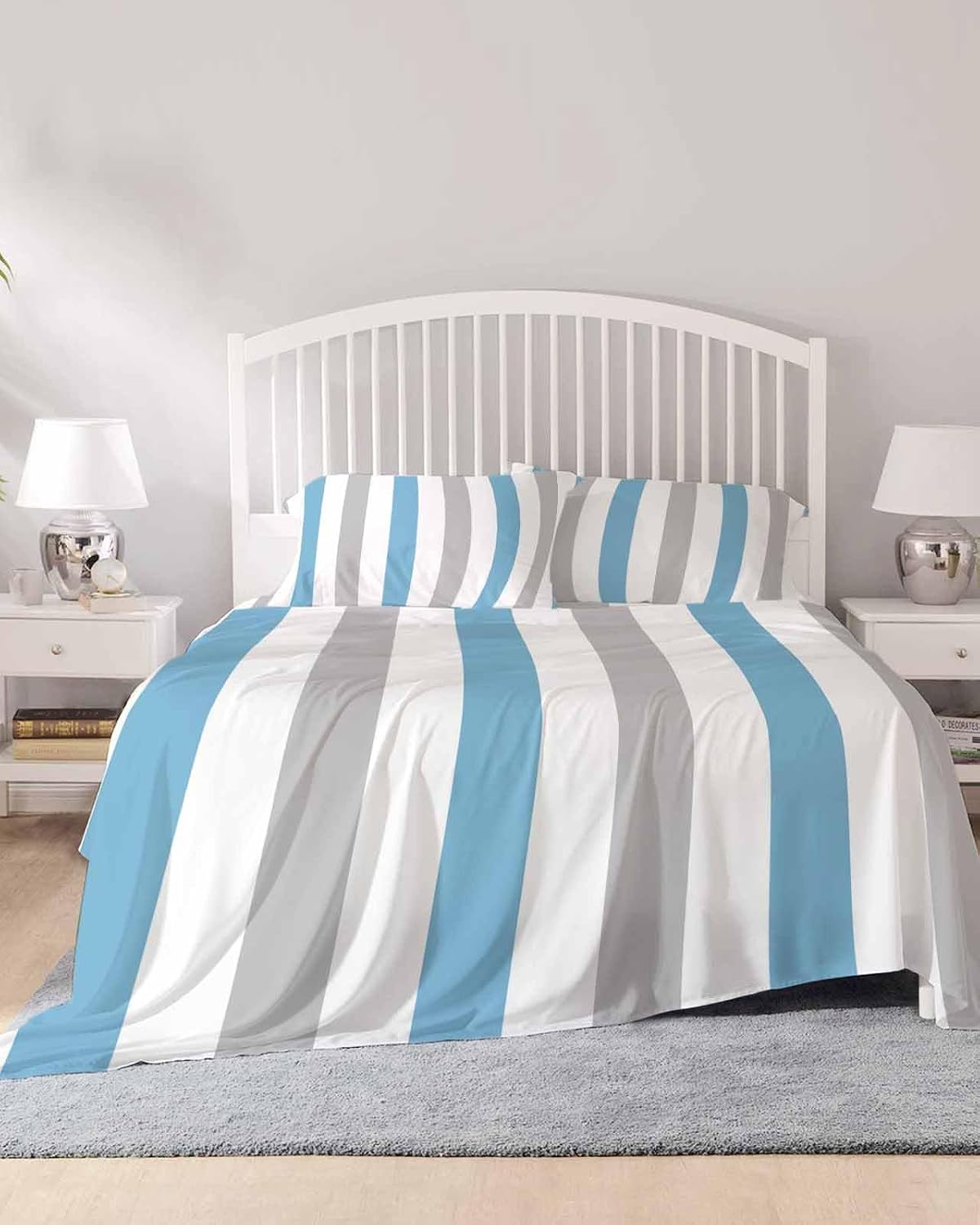 Blue Grey Striped King Sheet Set 4 Piece Bedding - Geometric Vertical Stripes Minimalist Breathable Comfy Cooling Bed Sheets & Pillowcase Sets,Hotel Luxury Flat Sheets Deep Pockets Fitted Sheet