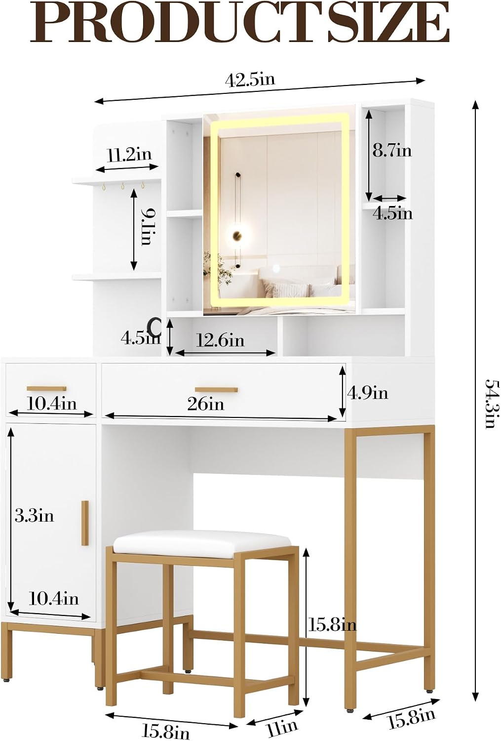 IDEALHOUSE Vanity Desk with Mirror and Lights, 42.5' Makeup Vanity Set with Stool, Makeup Table with Mirror Cabinet and Chair, Drawers & Shelves, Dressing Table with Outlet for Bedroom, White