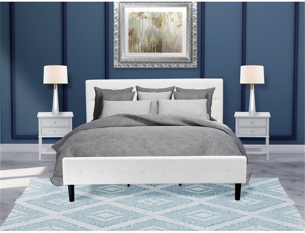 East West Furniture NL19K-2VL14 3 Piece King Size Bedroom Set - Button Tufted Wood Bed - Linen white Velvet Fabric Upholstered Headboard and an Urban Gray Finish Nightstand
