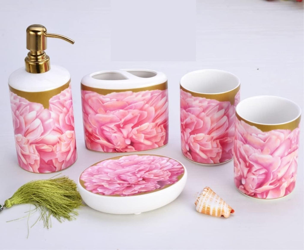 Vanity Bathroom Decor, European Style 4-Piece Ceramic Bathroom Accessory Set with Pink Creative Bath Set Ornament for Wedding Gift Housewarming Gift
