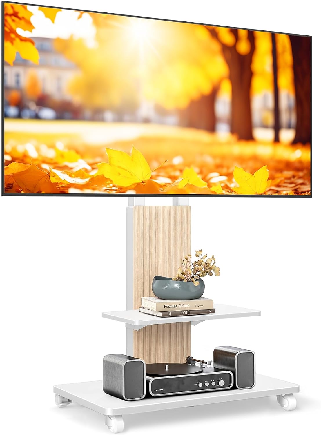 TVON Heavy Duty Rolling TV Stand for 55-90 inch Large TVs up to 150 lbs, Mobile TV Cart with Height Adjustable Mount and Large Storage Shelf, Tall TV Stand with Wooden Base, White and Oak