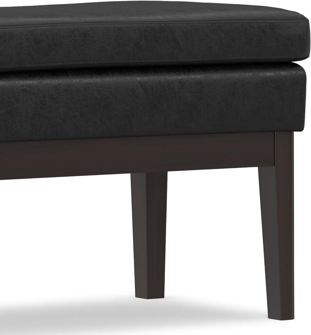 SIMPLIHOME Carlson Ottoman Bench - 45 inch Wide Upholstered Vegan Leather Rectangle Ottoman in Distressed Black, Mid Century Modern Bench for Bedroom, Entryway or Living Room with Padded Seat