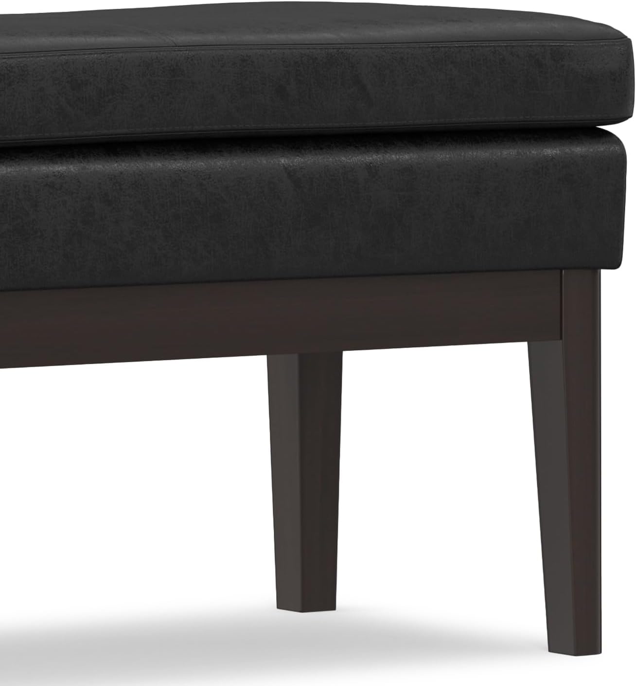 SIMPLIHOME Carlson Ottoman Bench - 45 inch Wide Upholstered Vegan Leather Rectangle Ottoman in Distressed Black, Mid Century Modern Bench for Bedroom, Entryway or Living Room with Padded Seat