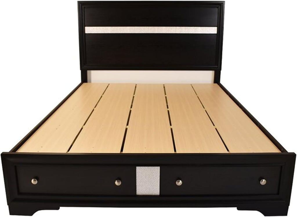 Luxurious Multi-Piece Bedroom Furniture Set with LED Headboard, Stone-Accented Drawer Pulls, and Soft-Tufted Upholstery (Black,Queen 4 PCS Set)