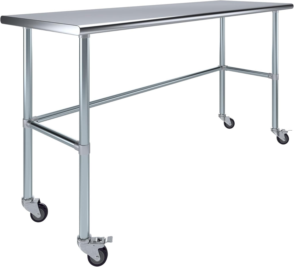 AmGood Stainless Steel Work Table Open Base & Wheels | Work Station | Metal Work Bench (Stainless Steel Work Table Open Base + Casters, 72' Long x 24' Deep)