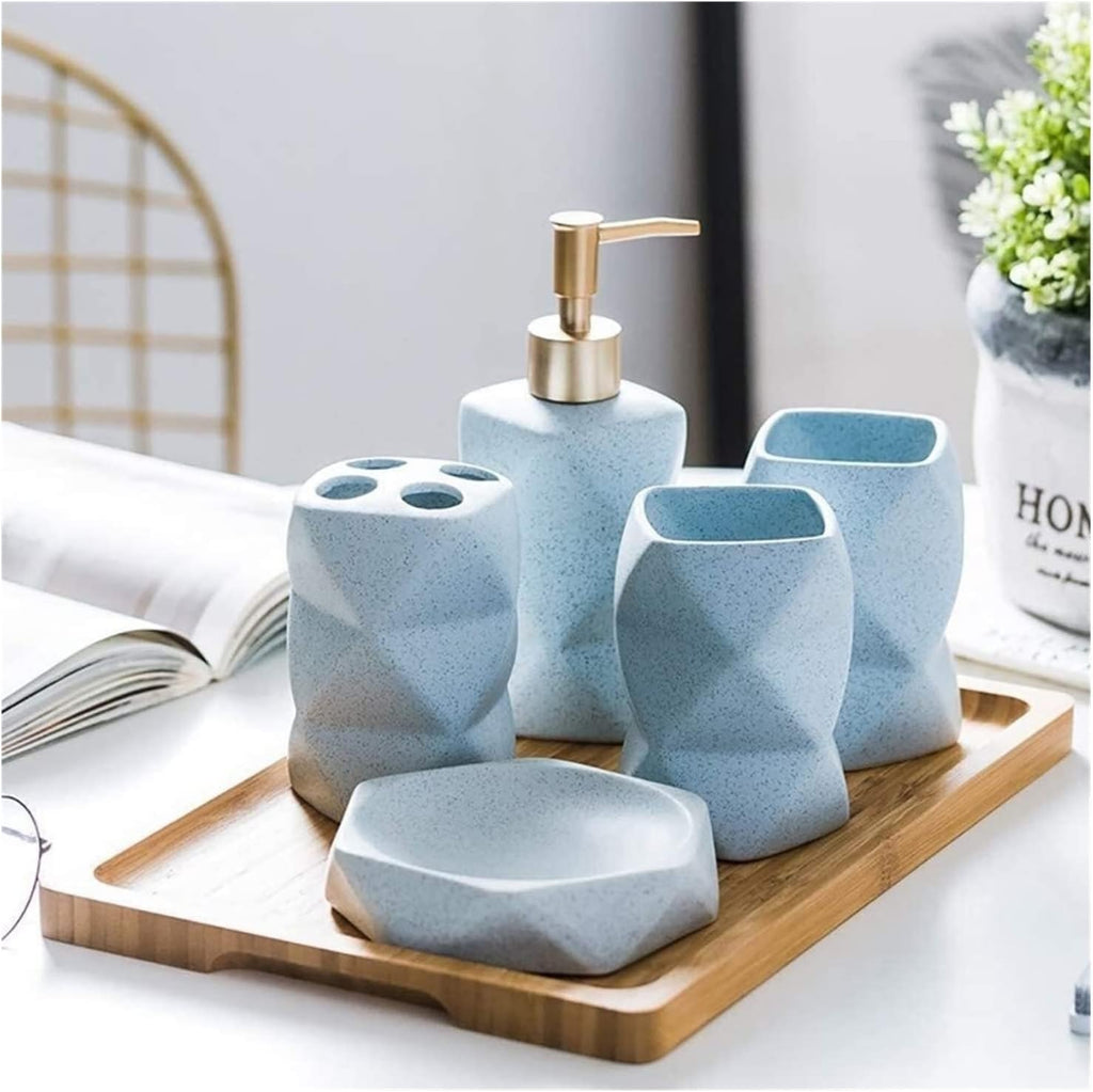 Vanity Bathroom Decor, 6 Pieces Bathroom Accessories Set Matte Ceramic Diamond Pattern Bath Ensemble Bath Set Nordic Style Housewarming Gift(Blue)