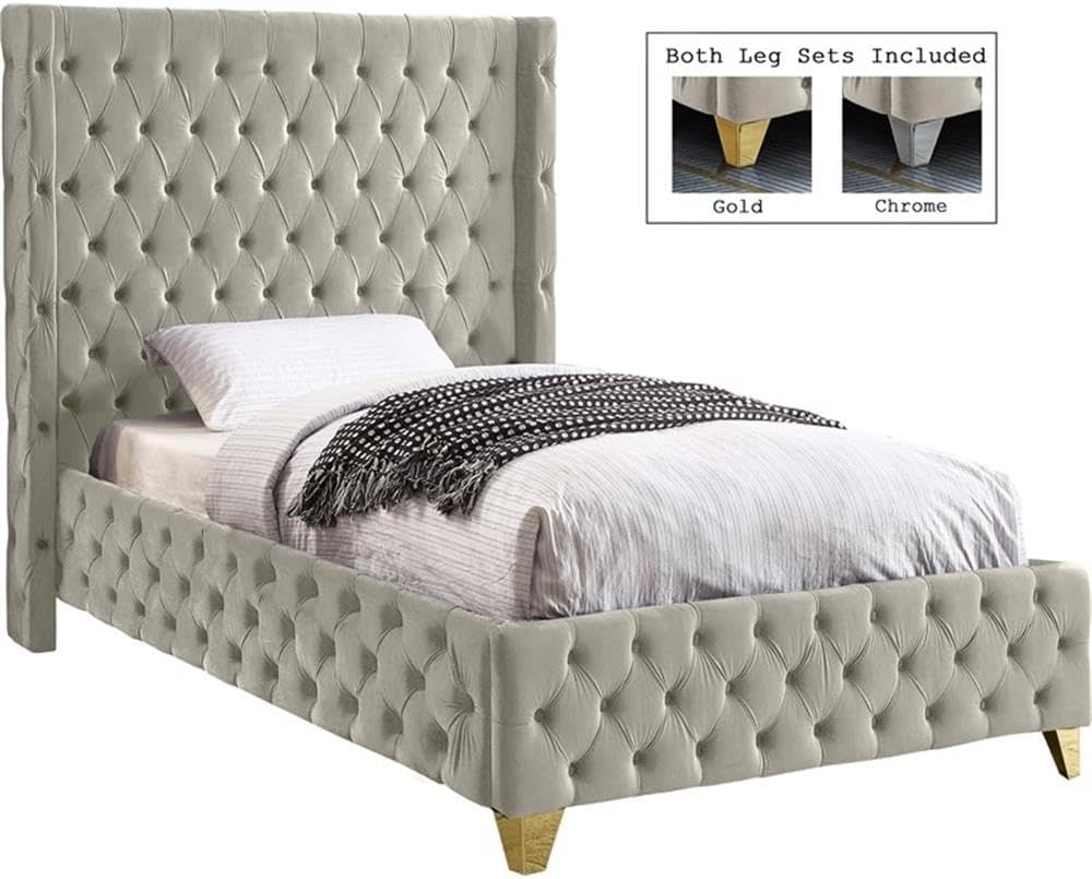 Meridian Furniture SavanCream-T Savan Collection Modern | Contemporary Velvet Upholstered Bed with Deep Button Tufting in Gold or Chrome Finish, 50' W x 81' D x 56' H, Cream, Twin