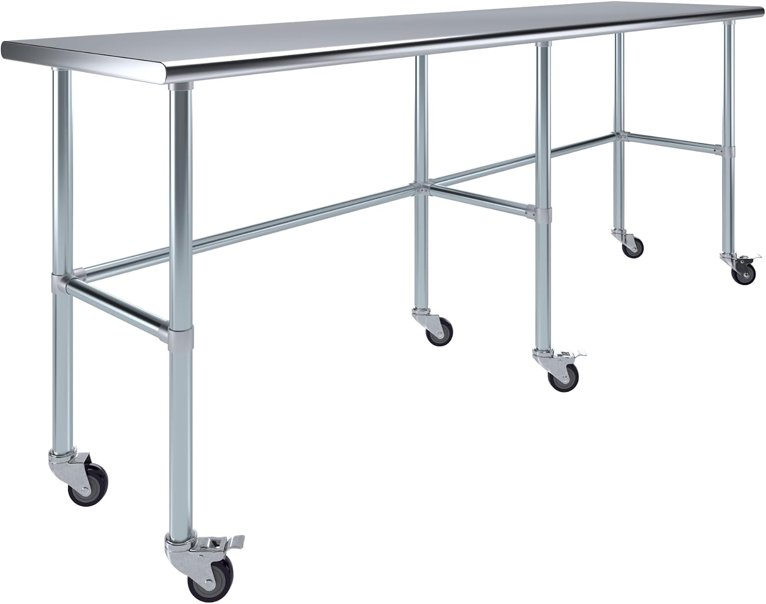 AmGood Stainless Steel Work Table Open Base & Wheels | Work Station | Metal Work Bench (Stainless Steel Work Table Open Base + Casters, 96' Long x 24' Deep)