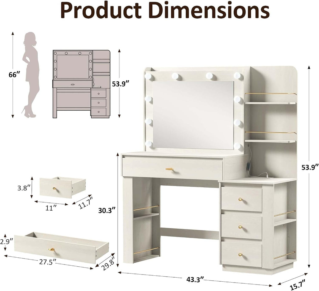 Makeup Vanity Desk with Mirror and 3 Colors Lights, Vanity Table with 10 LED Bulbs & Power Outlet, Large Dressing Table with 4 Drawers, 6 Storage Shelves for Bedroom, Women and Girls, White