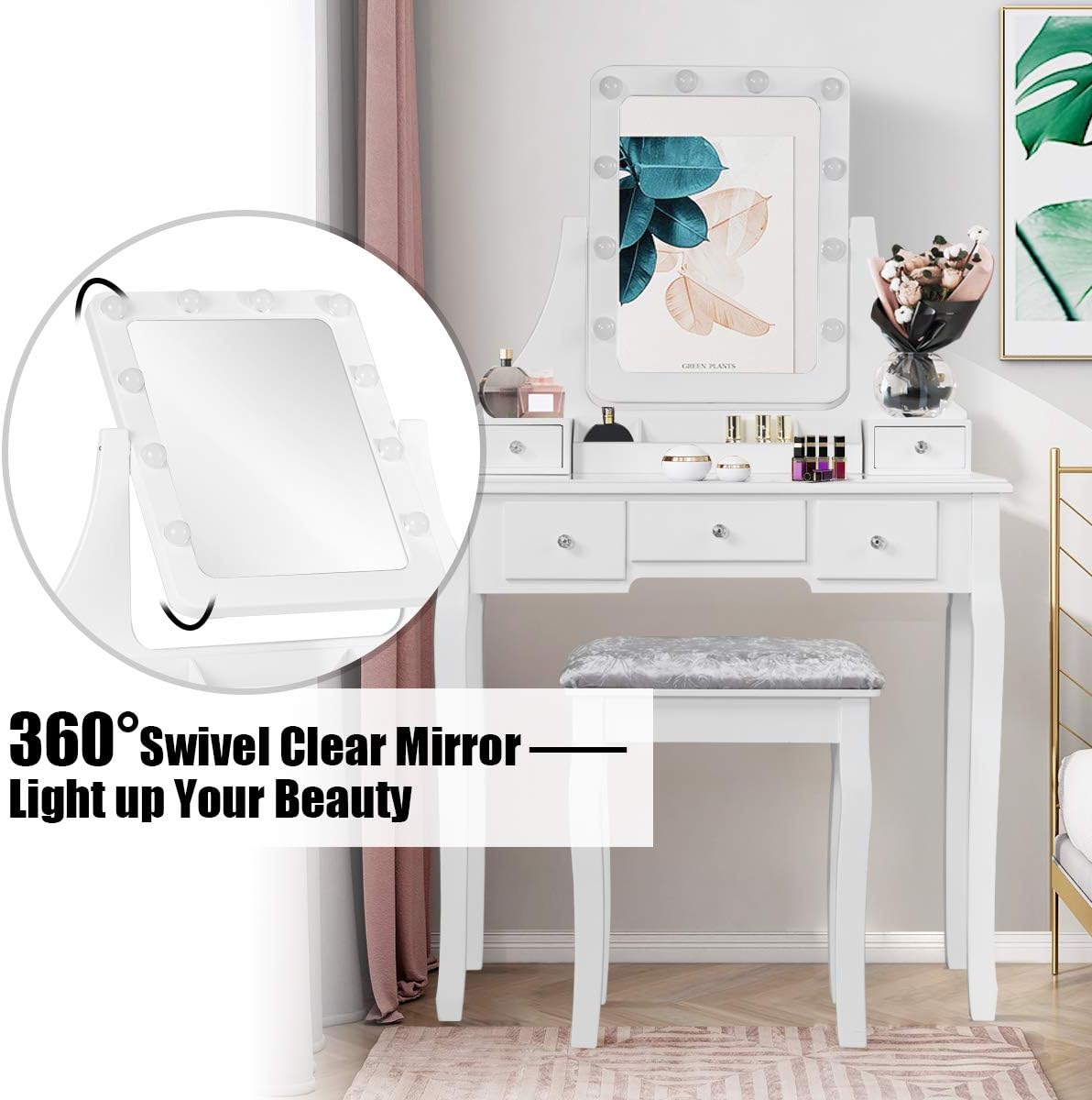 DORTALA Vanity Table Set w/ 360-Degree Rectangular Mirror & Cushioned Stool, Makeup Table w/ 10 LED Dimmable Bulbs, Bedroom Wood Dressing Table w/ 5 Drawers & Removable Box Organizer, White