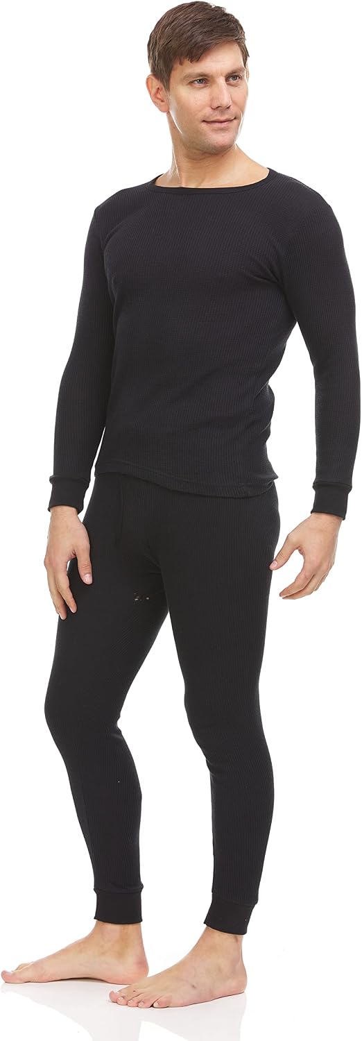 6 Pack of 2pc Thermal Sets for Men, Base Layer Long Johns Underwear, Top & Bottom, Cotton, Solid Colors