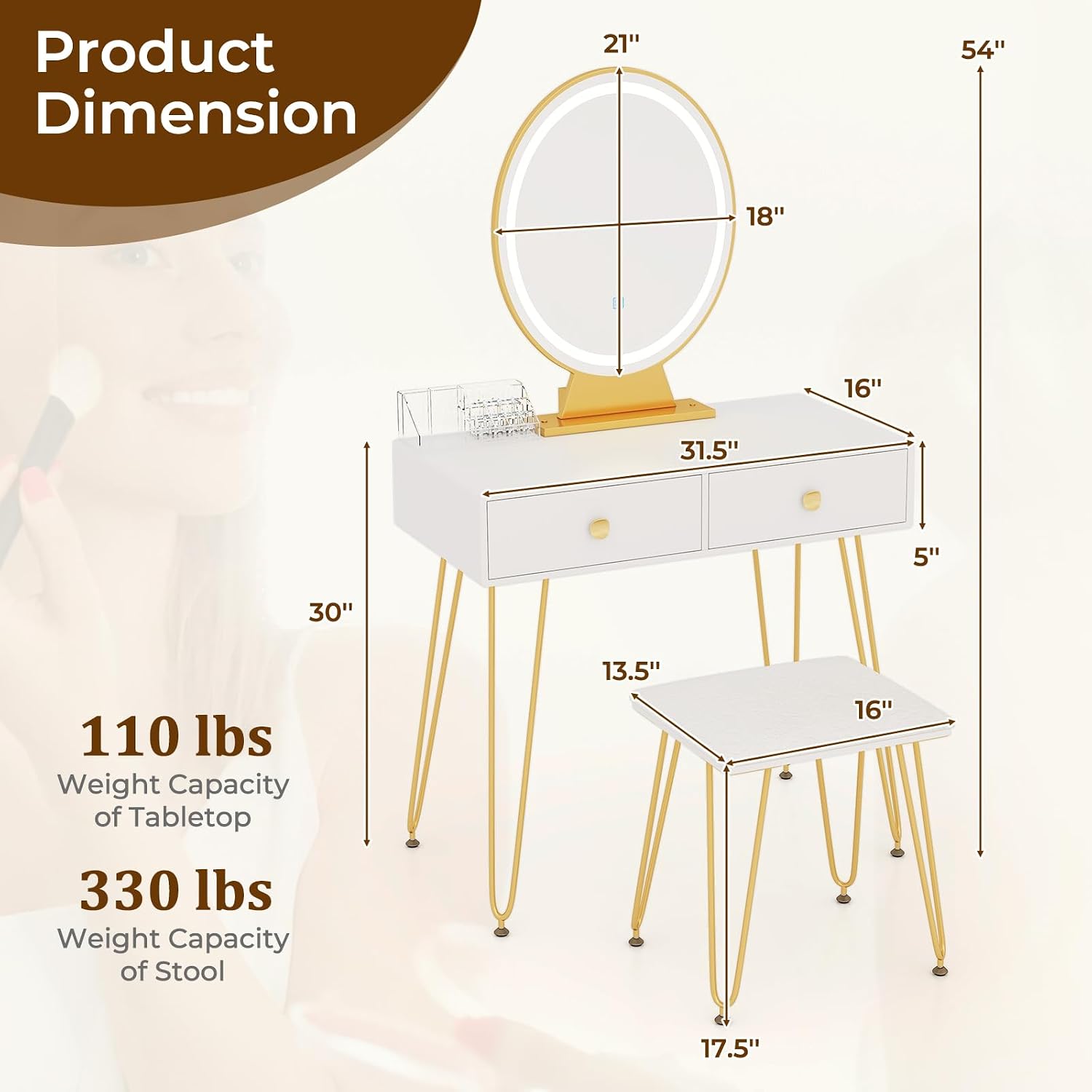 COSTWAY Vanity Desk with Mirror and Lights, Makeup Dressing Table Set w/ 3 Color Lighting Modes & Adjustable Brightness, Vanity Mirror with Desk and Stool for Bedroom Small Spaces (White)