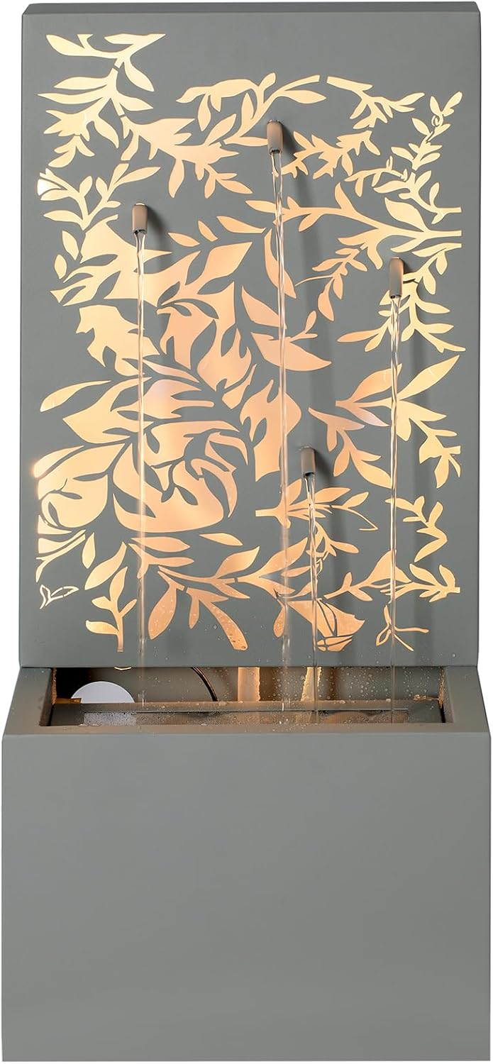 Merax 30.71' H Light Gray Metal Leaf Cutout Outdoor Water Wall Fountain with LED Lights, Modern Waterfall Feature for Patio Garden Backyard Decor