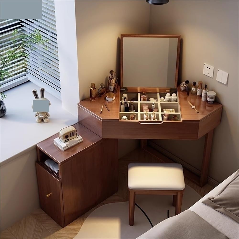 Corner Vanity Desk, Makeup Table with Mirror and Chair, Dual-Purpose Makeup Vanity, Solid Wood Vanity Table for Bedroom(Brown)