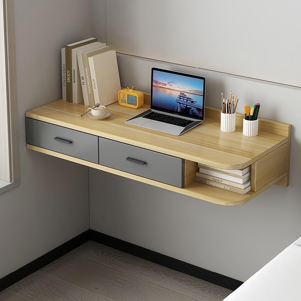 Floating Writing Desk with Storage Drawers Wall-Mounted Computer Table Hanging Corner Vanity Table Rounded Corners for Bedroom Long Lasting
