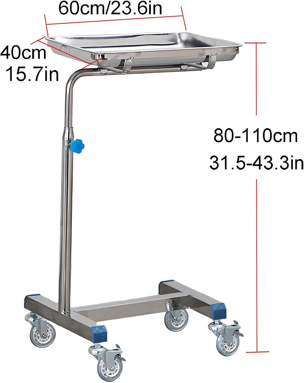 Mayo Instrument Stand with Mobile Caster Base, Adjustable Height 31.5'-43.3', for Clinic, Beauty, Salon, Medical, Dental, Tattoo(60x40x(80-110) cm)