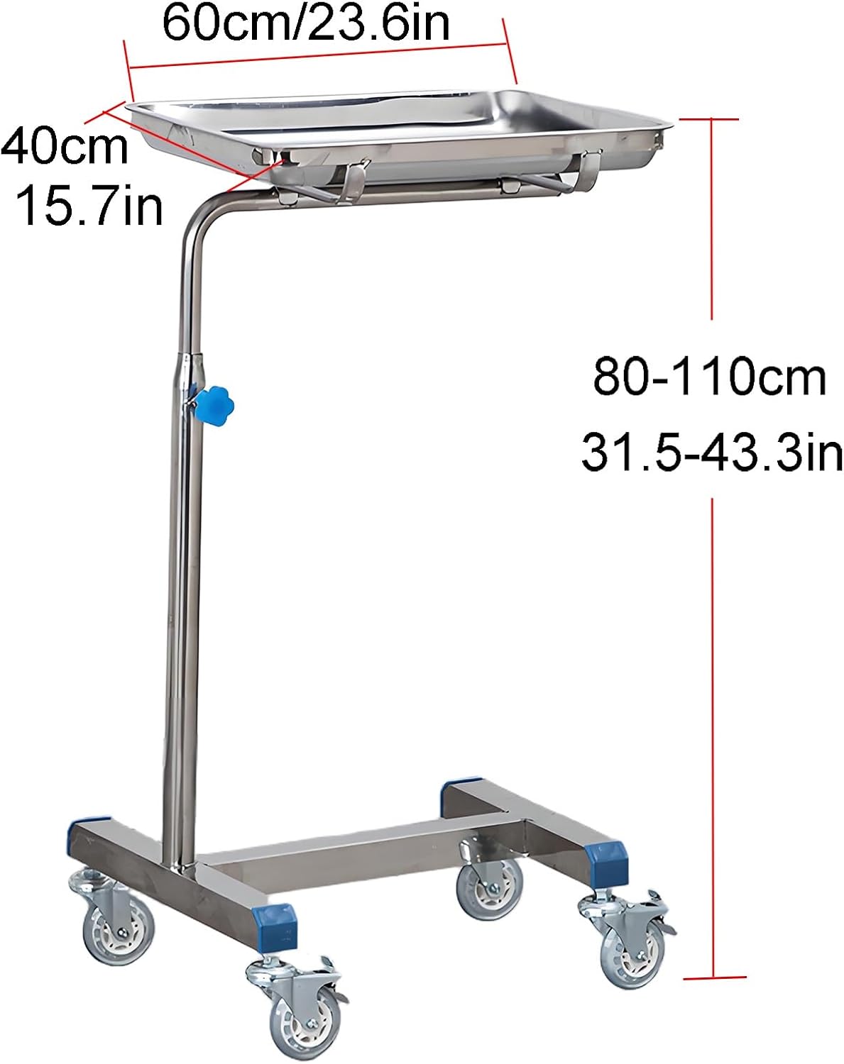 Mayo Instrument Stand with Mobile Caster Base, Adjustable Height 31.5'-43.3', for Clinic, Beauty, Salon, Medical, Dental, Tattoo(60x40x(80-110) cm)