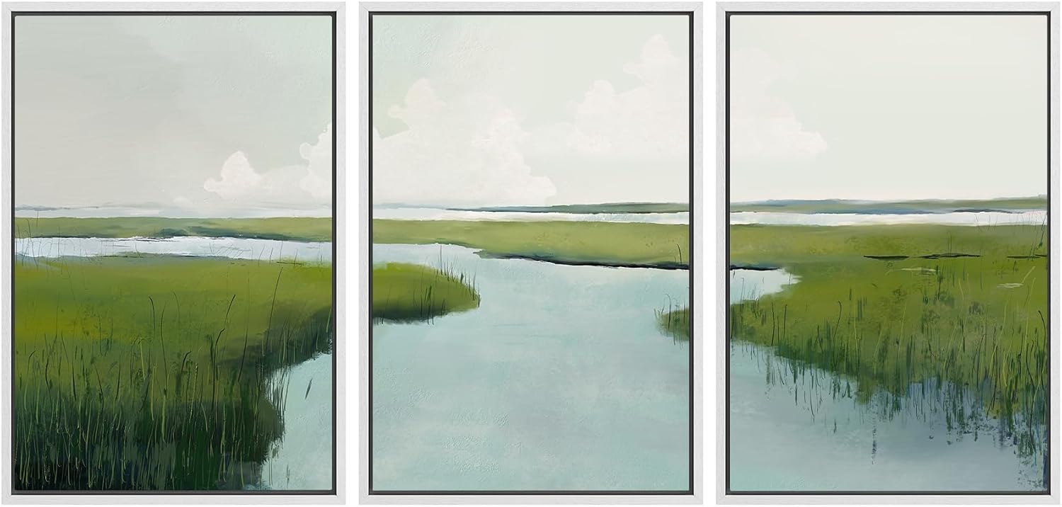 SIGNWIN Framed Canvas Print Wall Art Set Serene Marshland with Green Wetlands and Tranquil Water Illustrations Modern Art Decorative Rustic Zen for Living Room, Bedroom, Office - 16'x24'x3 White