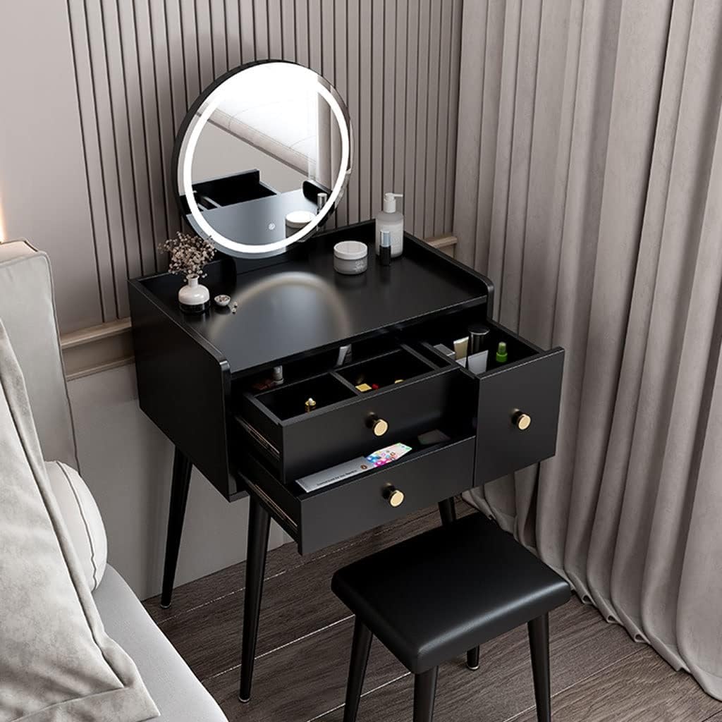 Vanity Benches Vanity Desk Set Cosmetic Storage Desk Bedroom Small Unit Dresser with Vanity Stool, Mirror, Three Drawers (Color : A, Size : L60cm)