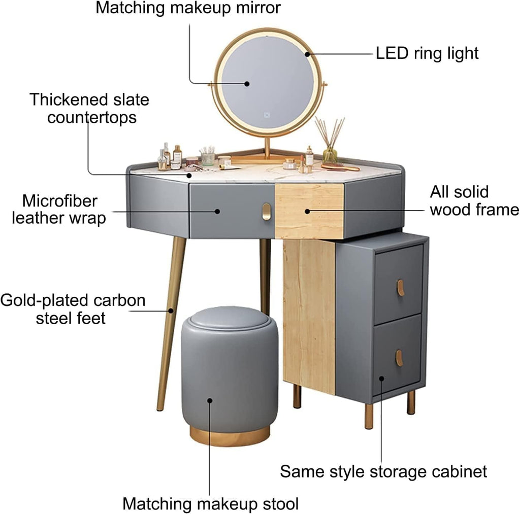 Vanity Desk Corner Design Makeup Vanity Set with Lighted Mirror Vanity Table Cabinet and Cushioned Stool Dressing Table,Gris,Gris