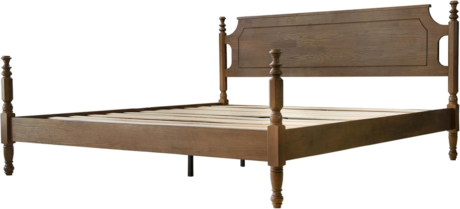 Solid Wood King Size Bed Frame with Headboard & Footboard, Platform Bed, Central Metal Legs, 12 Sturdy Slats, Under Bed Storage, Easy Assembly, Noise-Free & Anti-Slip, Barnwood Finish, ROK-30
