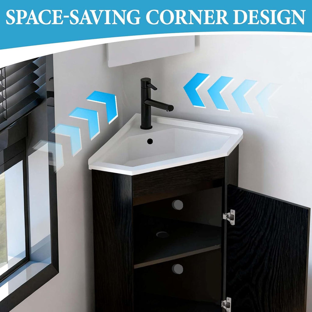 26' Corner Bathroom Vanity with Ceramic Sink for Small Space Freestanding Bathroom Cabinet Sink Combo with Shelf Modern Storage Cabinet with Console Sink Compact Space Small Utility Sink with Drain
