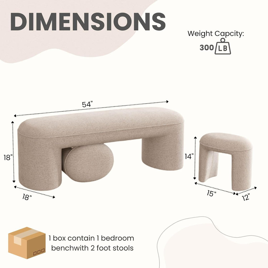 53' Upholstered End of Bed Bench with 2 Nesting Ottoman Stools, Modern Chenille Bedroom Bench for King/Queen Bed, Arched Vanity Entryway Bench Seat for Living Room, Oatmeal