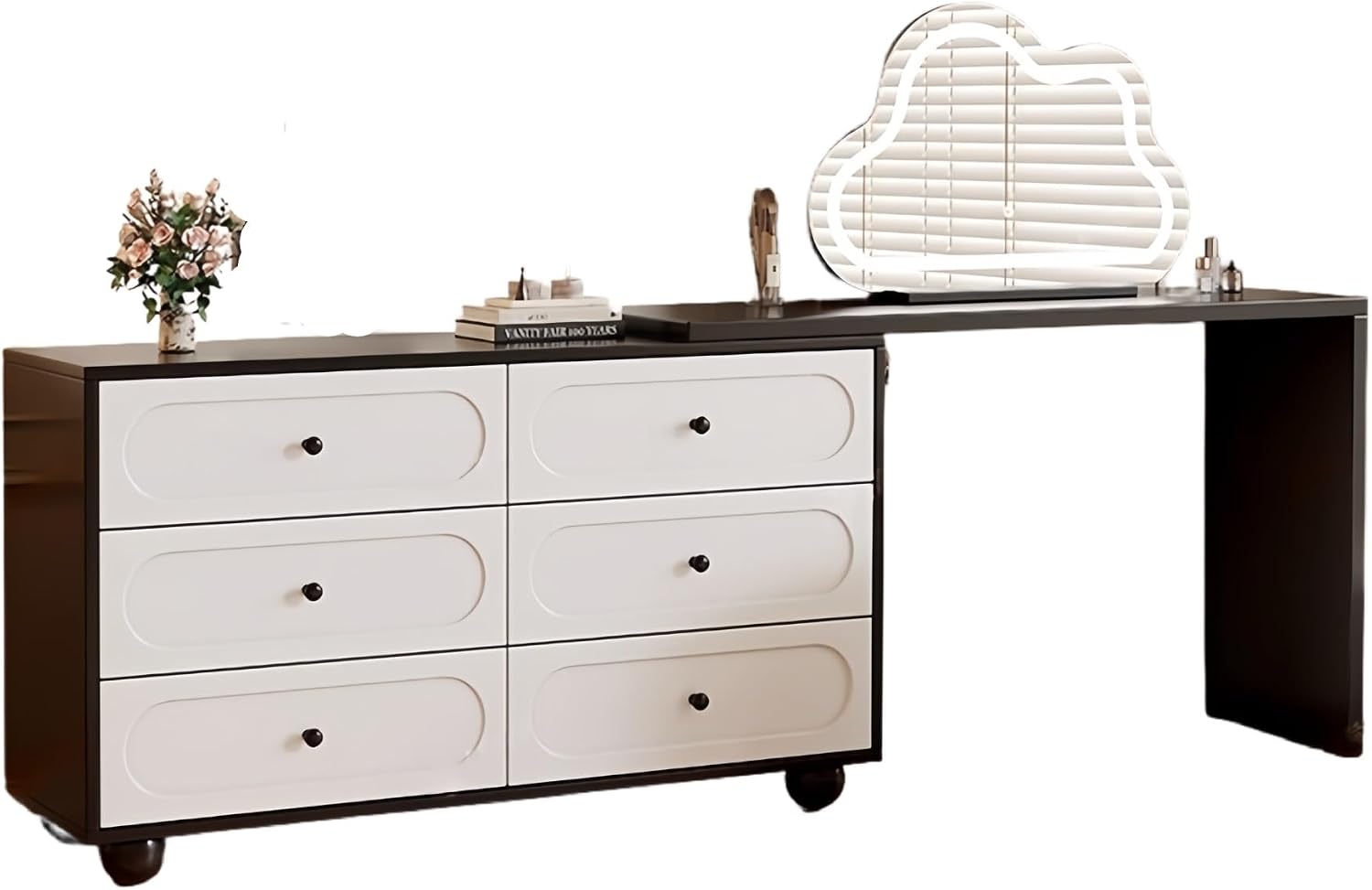 Vanity Desk Table with 3 Color Lighted Cloud-Shaped Smart Makeup Mirror, Corner Dresser Wide Tabletop with Retractable Design, Drawers Chest Installed Left or Right(Walnut,W/CHR,23.6in)