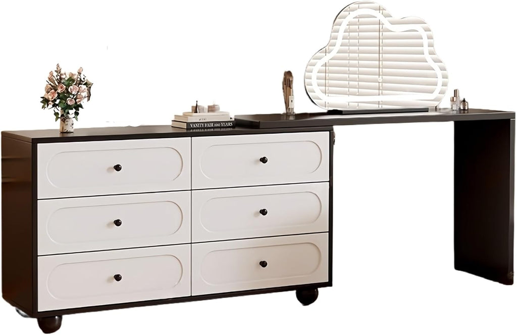 Vanity Desk Table with 3 Color Lighted Cloud-Shaped Smart Makeup Mirror, Corner Dresser Wide Tabletop with Retractable Design, Drawers Chest Installed Left or Right(White,W/o CHR,47.2in)