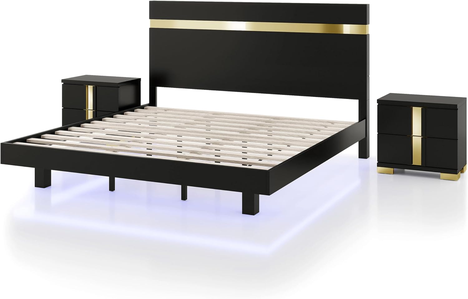 Furniture of America Ansten Modern Wood 3-Piece Platform Bedroom Set with Gold Trim, Underbed LED, Dust Proof Cases, Bracketed Metal Legs, No Box Spring Needed, Queen, Black