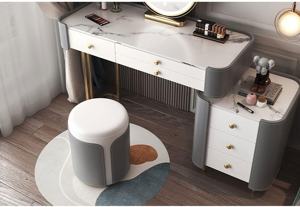 Vanity Benches Dresser Bedroom Modern Minimalist Retractable Dresser with Side Cabinet, LED Round Mirror, Dressing Stool, Multiple Drawers (Color : A)
