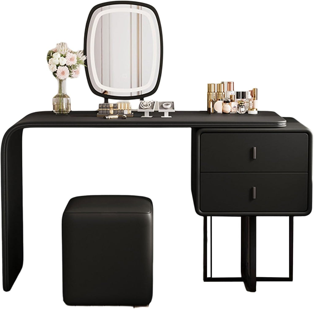 Makeup Table with Lighted Mirror and Chair Mirror 3 Colors Modes Dimming Rounded Corners Telescopic Adjustment Wood Vanity with Cushioned Stool(Black)