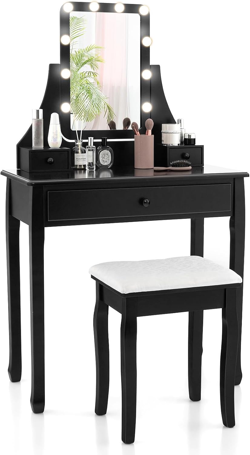 CHARMAID Makeup Vanity Desk with Lighted Mirror, 3 Color Lighting Modes, Adjustable Brightness, 3 Drawers, Removable Dividers, Bedroom Dressing Table Vanity Set with Stool for Girls Gift (Black)