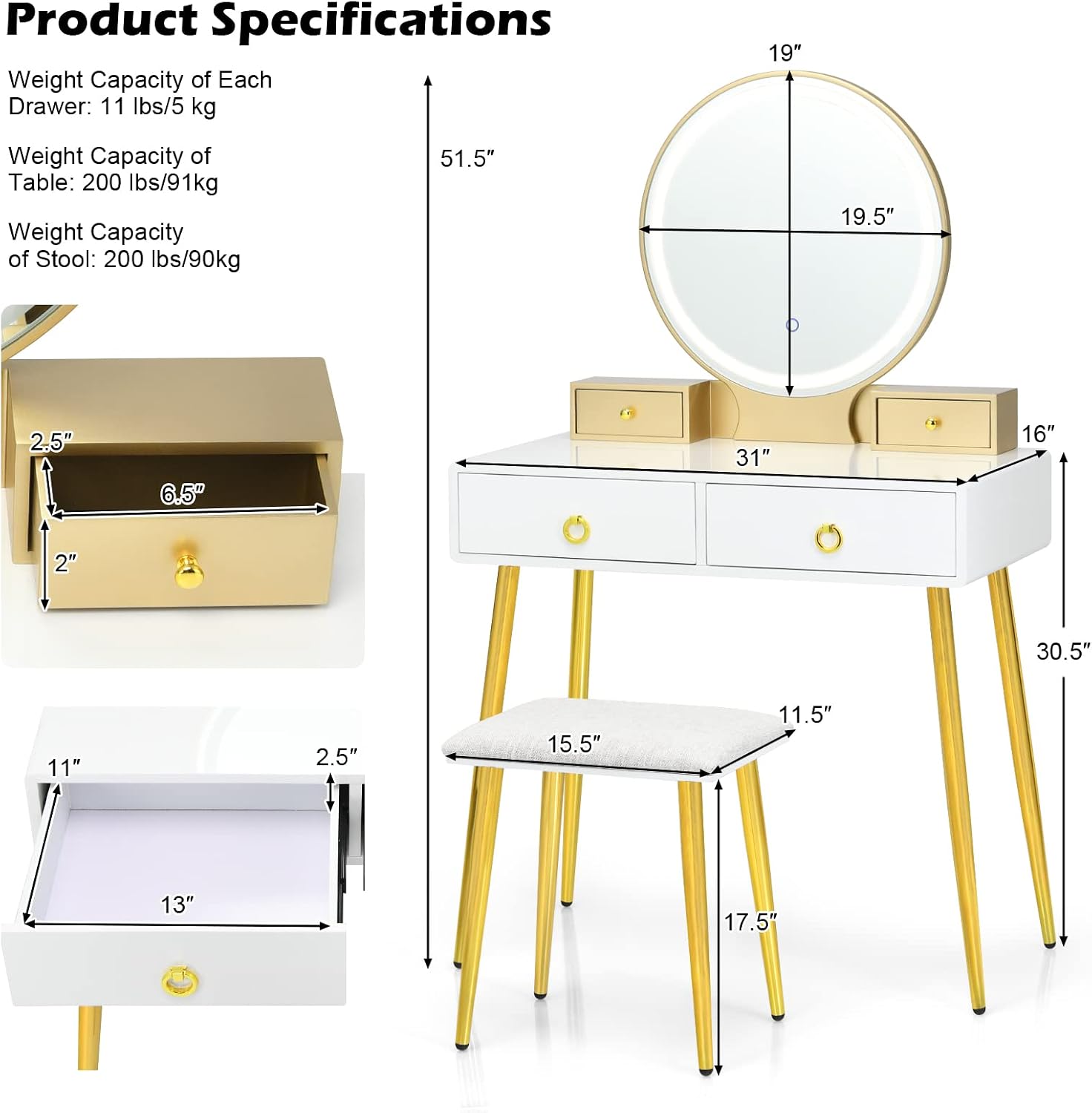 COSTWAY Vanity Table Set with Mirror and Lights, Makeup Dressing Table w/ 3 Color Lighting Modes & Adjustable Brightness, Vanity Mirror with Desk and Cushioned Stool for Women Girls (White & Gold)