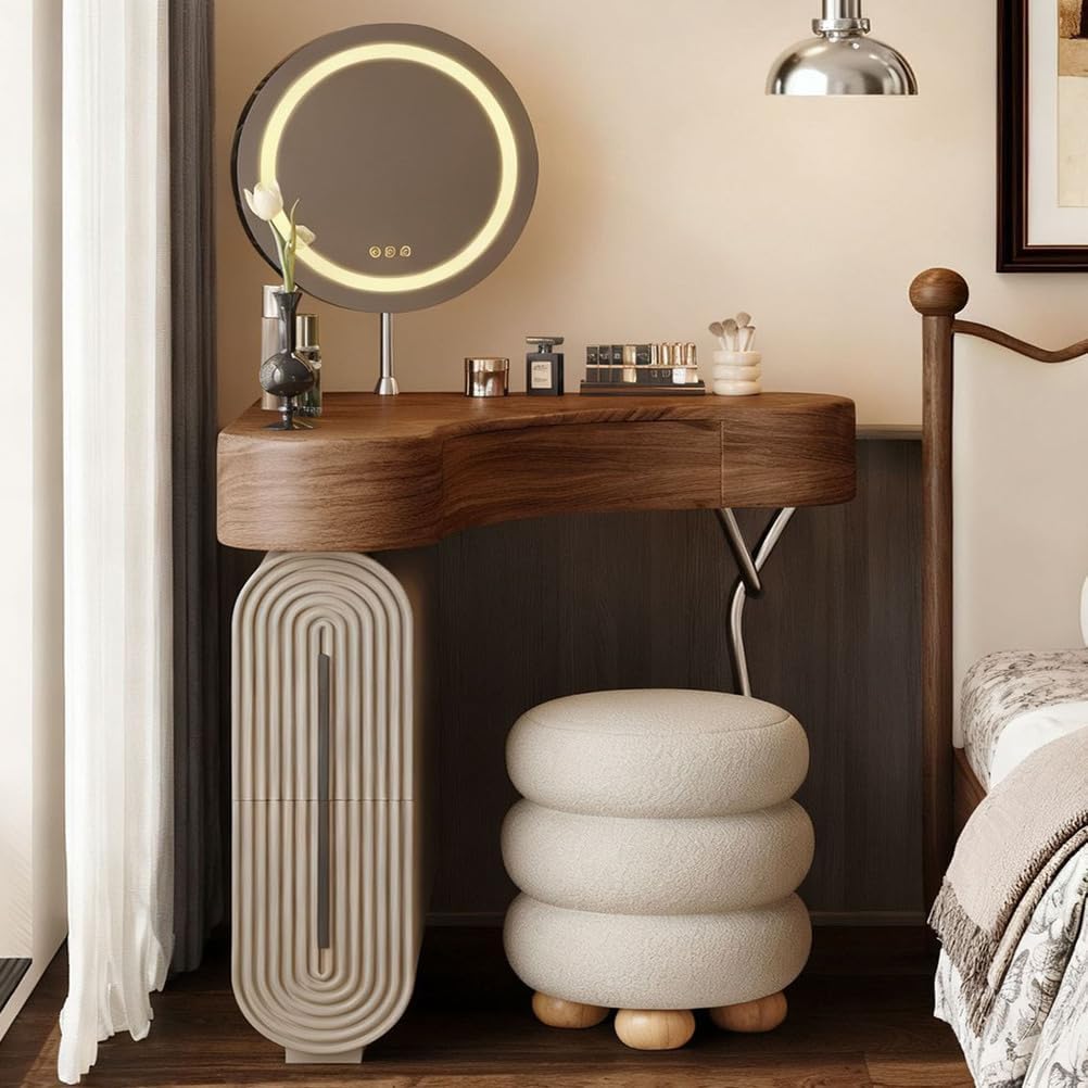 Small Makeup Vanity with LED Mirror, Compact Vanity with 3 Drawers Storage, Simple Wooden Design Corner Makeup Vanity Desk for Small Room, Nightstand Vanity 2 in 1,with Mirror ＆ Stool