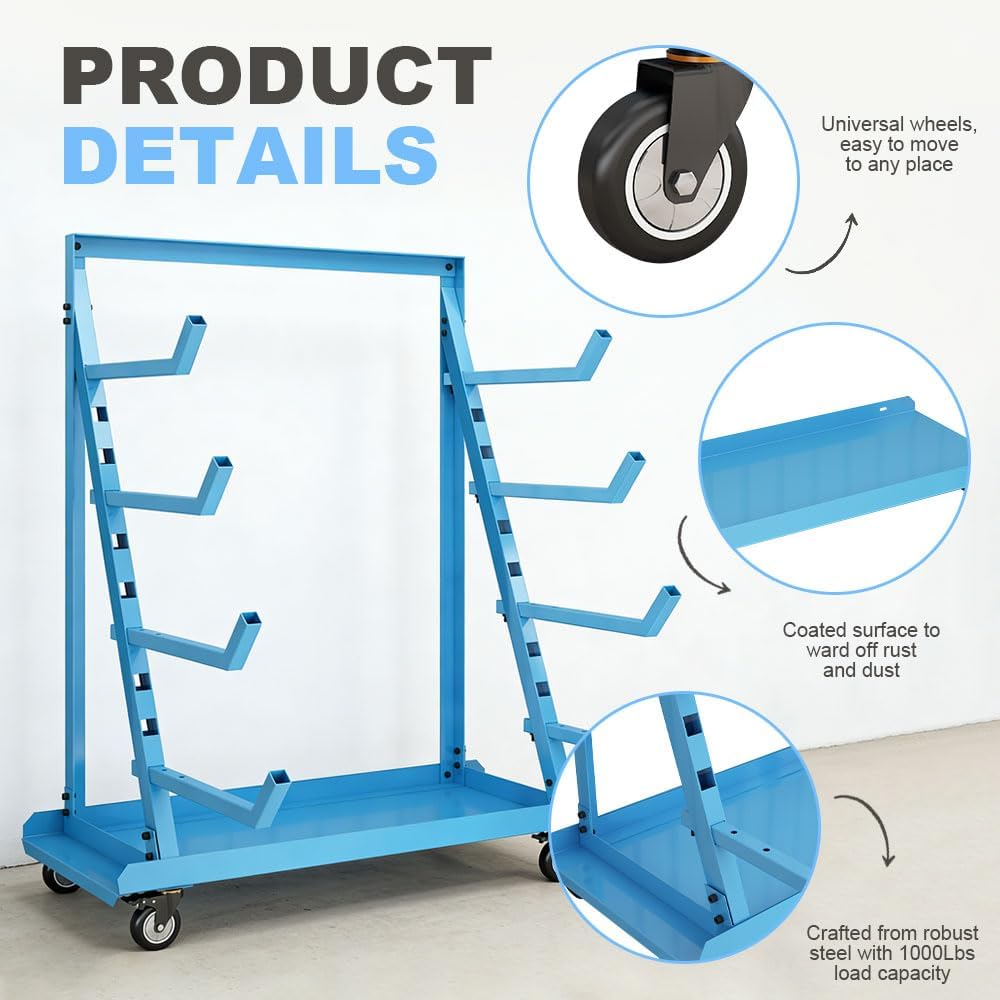 Yeeoy Rolling Horizontal Rack Pedestal with Wheels, Heavy Duty Pipe Rack Cart, Mobile Platform Base Industrial Bar Cradle Cart for Warehouse Garage Workshop Transportation, Blue
