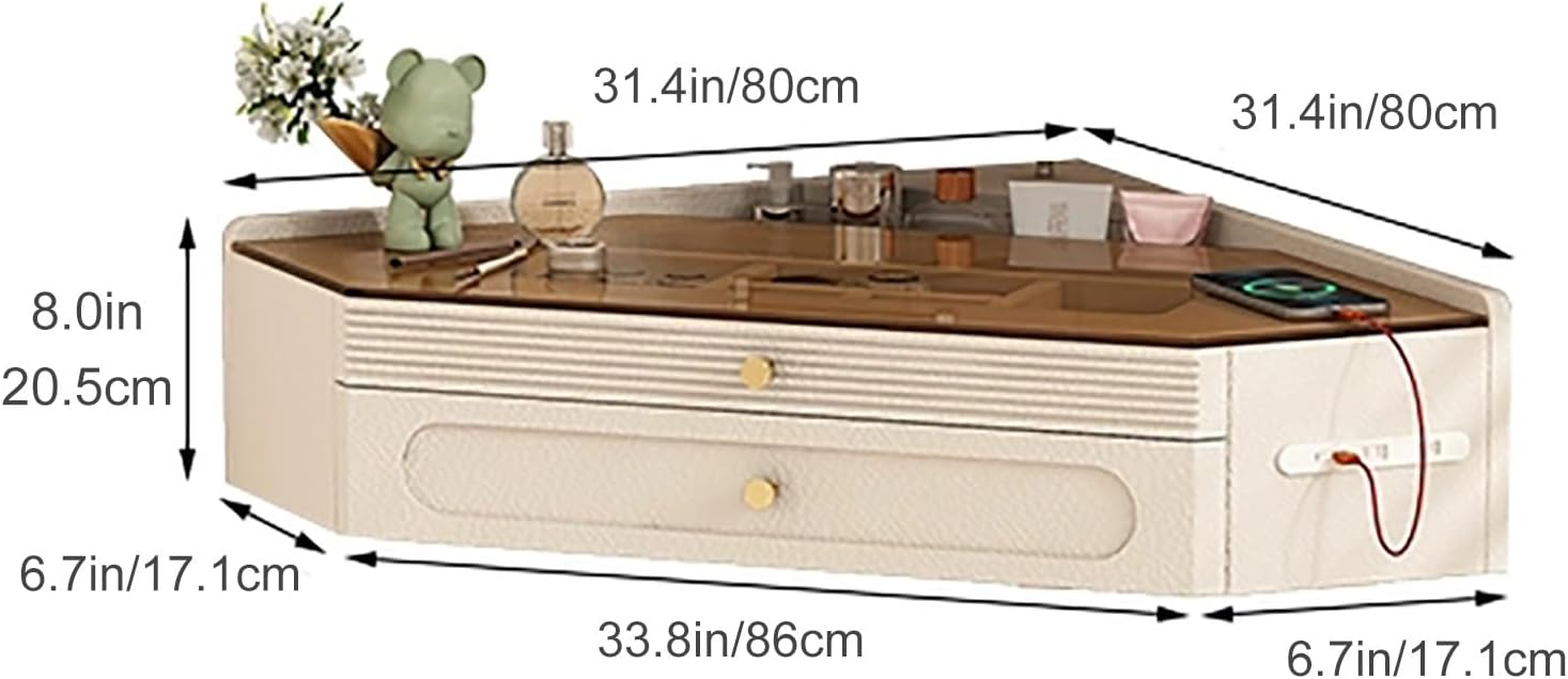 Nordic Wall-Mounted Floating Vanity Desk, Corner Hanging Table with Tea-Tinted Glass Top and Recessed Storage for Small Bedrooms(80cm/31.4in)