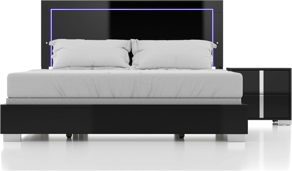 Furniture of America Alistair Modern Wood 2-Piece Bedroom Set with LED on Headboard Bed, Ball-Bearing Glides, Vertical Chrome Handles on Nightstand, Box Spring Required, King, Black