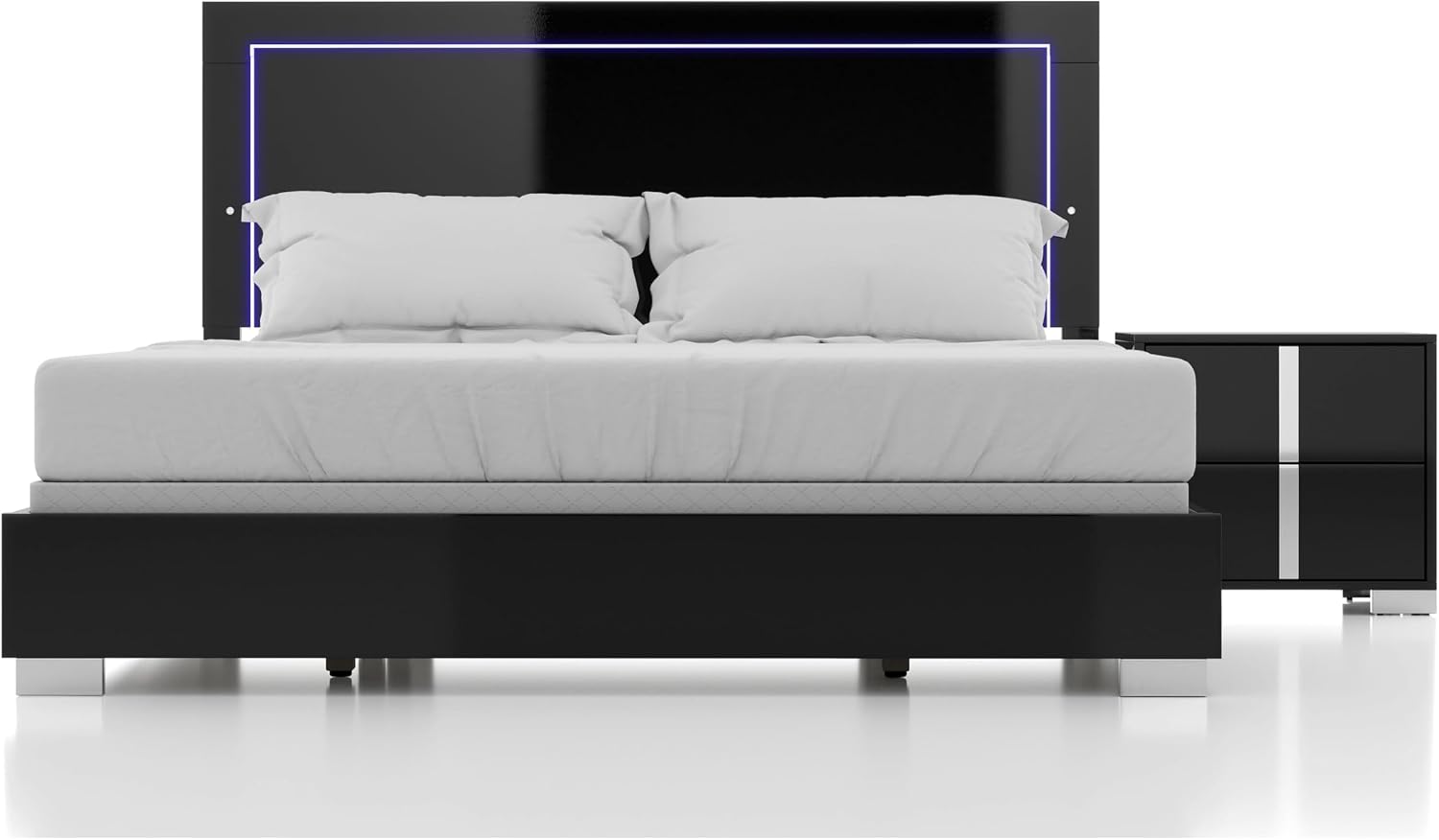 Furniture of America Alistair Modern Wood 2-Piece Bedroom Set with LED on Headboard Bed, Ball-Bearing Glides, Vertical Chrome Handles on Nightstand, Box Spring Required, King, Black