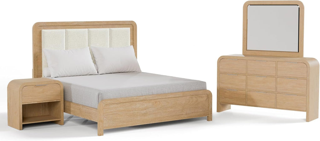 Furniture of America Verena Boho Solid Wood 4-Piece Bedroom Set with Padded Headboard Bed, Metal Side Glide, Finger Pulls on Nightstand and Dresser with Mirror, Box Spring Needed, King, Natural