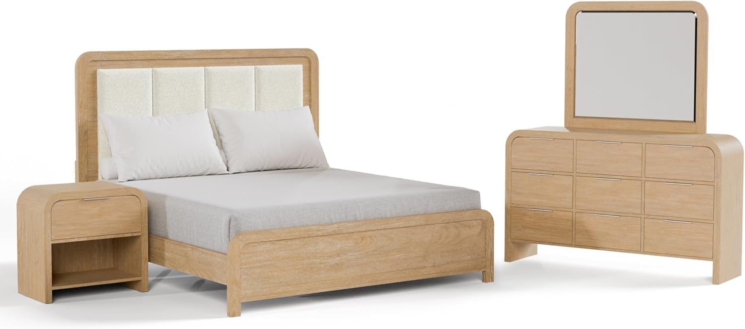 Furniture of America Verena Boho Solid Wood 4-Piece Bedroom Set with Padded Headboard Bed, Metal Side Glide, Finger Pulls on Nightstand and Dresser with Mirror, Box Spring Needed, King, Natural