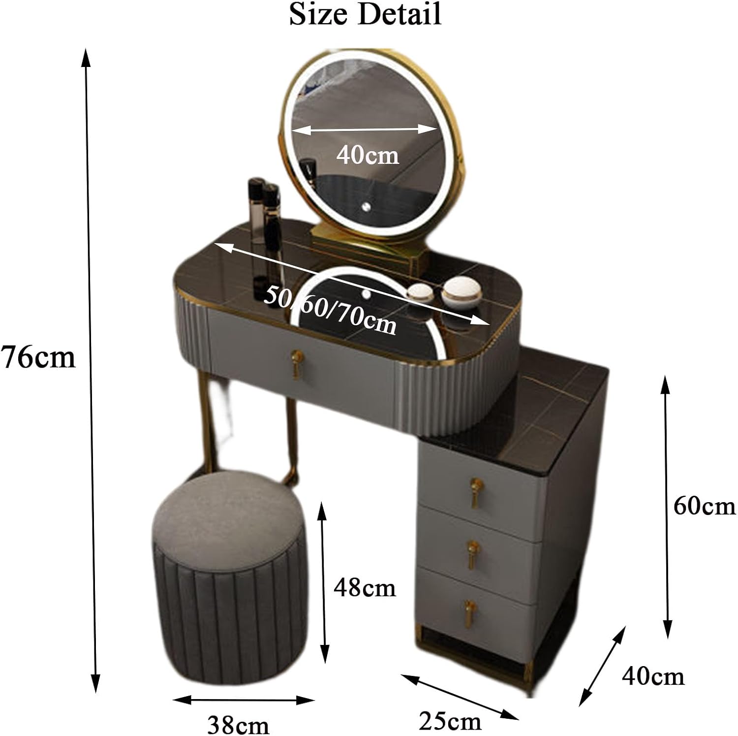 Women Dresser Table Vanity Corner Makeup Table Set Makeup with 4 Drawers Vanity Dressing Table, with LED Lighted Mirror, 3 Color Lighting Modes for Any Woman,1-60cm