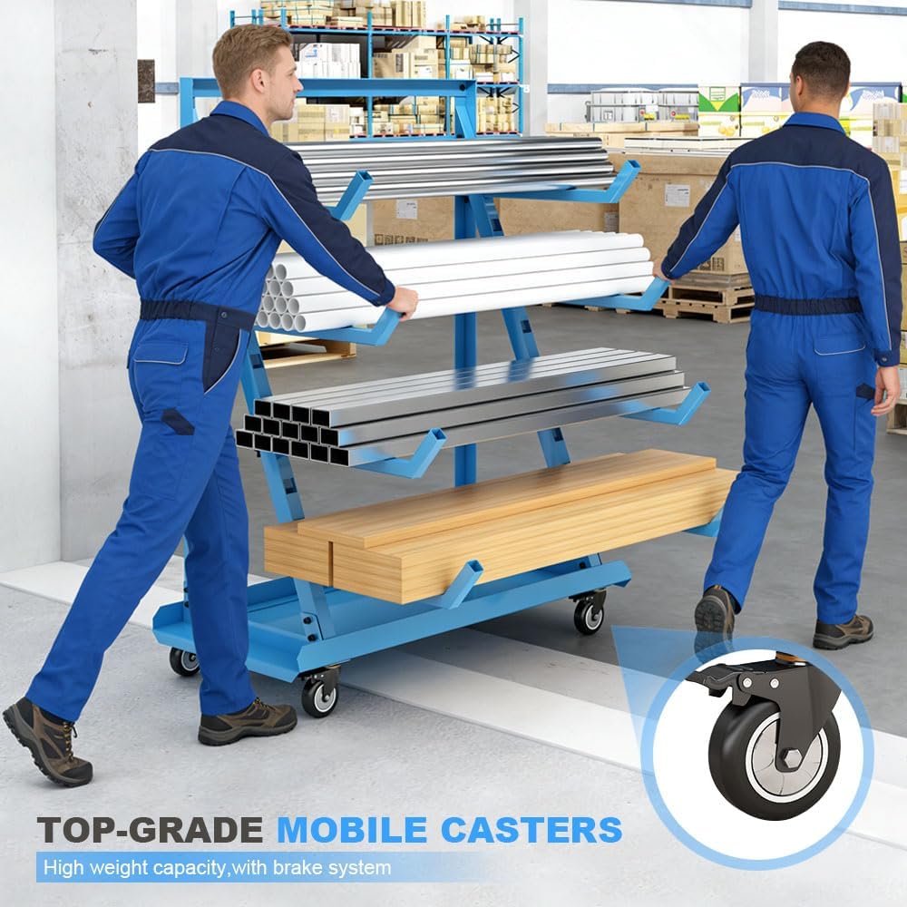 Yeeoy Rolling Horizontal Rack Pedestal with Wheels, Heavy Duty Pipe Rack Cart, Mobile Platform Base Industrial Bar Cradle Cart for Warehouse Garage Workshop Transportation, Blue