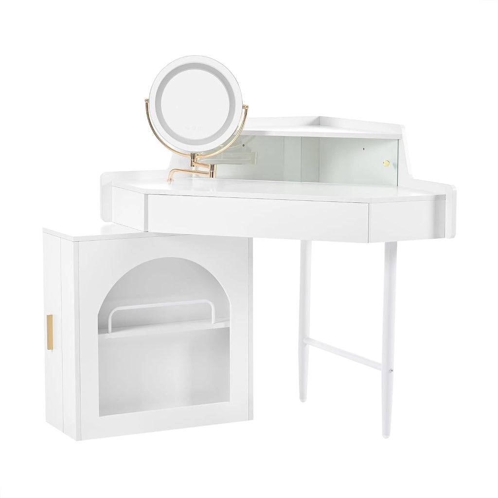 Corner Makeup Vanity Desk with Mirror LED Lights, Vanity Set with Mirror and Stool, Dressing Table with Large Storage for Small Place, Brightness Adjustable Folding Mirror, White