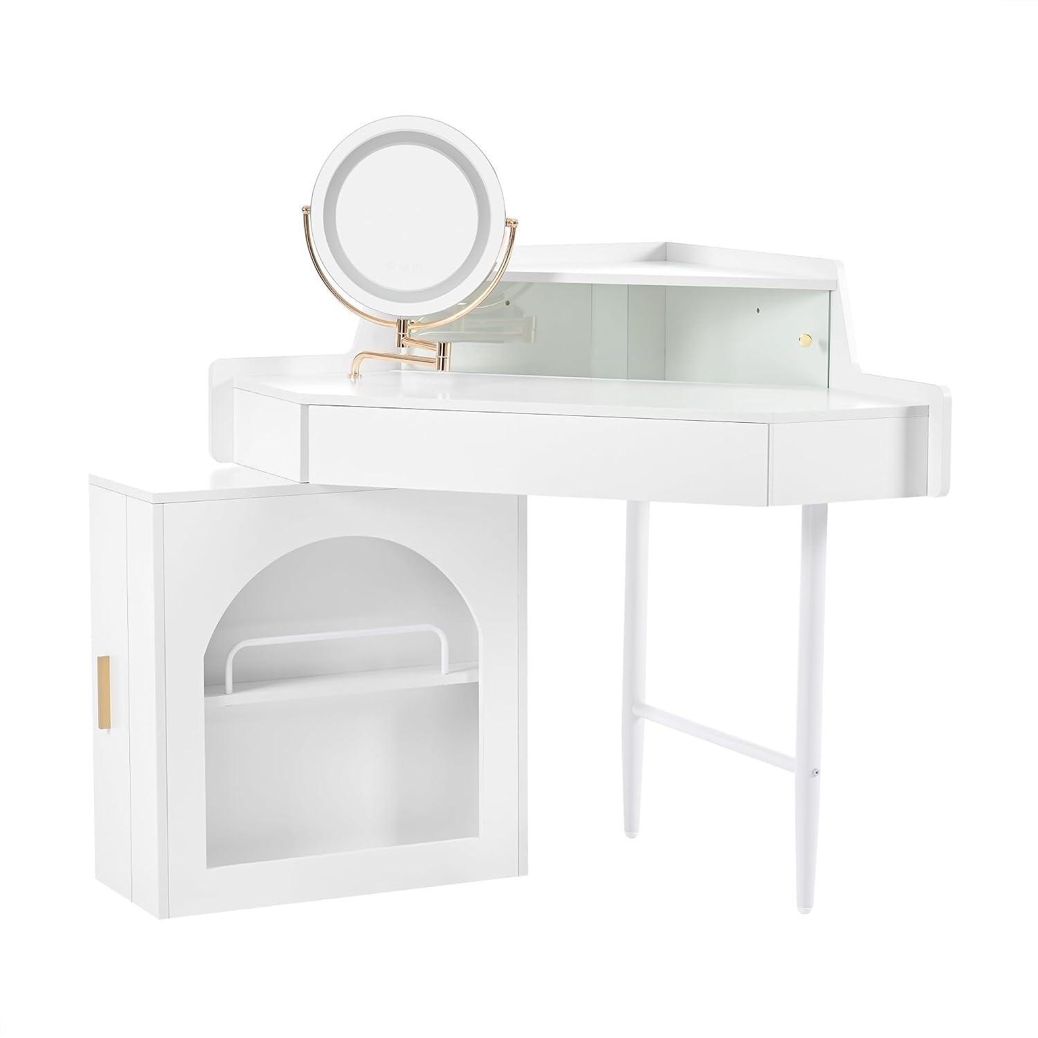 Corner Makeup Vanity Desk with Mirror LED Lights, Vanity Set with Mirror and Stool, Dressing Table with Large Storage for Small Place, Brightness Adjustable Folding Mirror, White