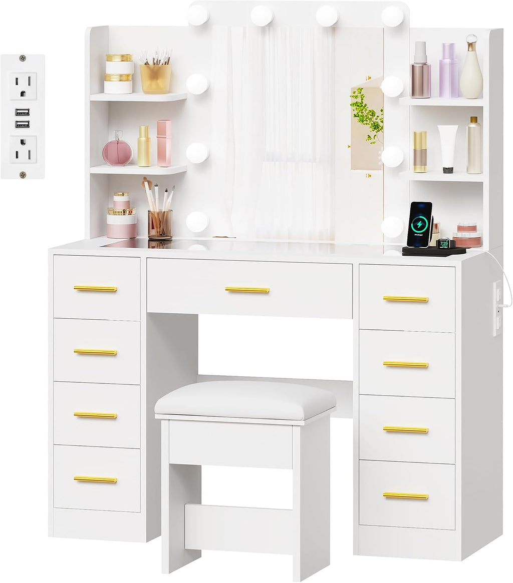 BEWISHOME Makeup Vanity Desk with Mirror and Lights White Vanity Table with Glass Top Power Outlet Stool,Makeup Desk with 9 Drawers and 4 Storage Shelves,Dressing Table for Bedroom Women FST39W