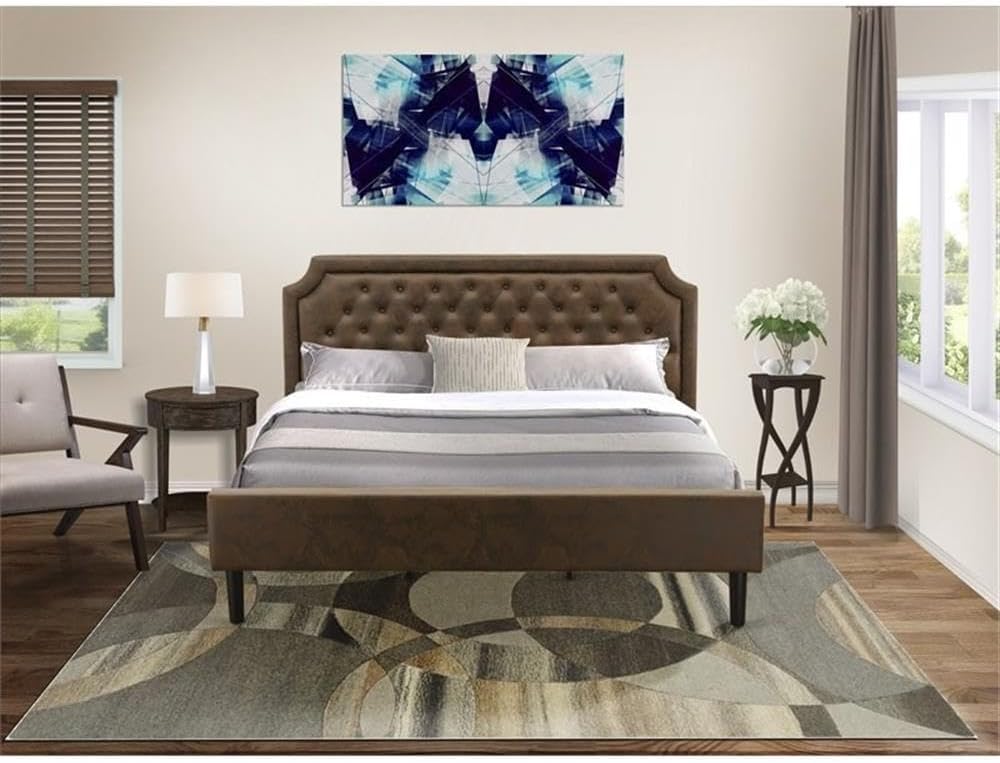Pemberly Row 2-Piece Wooden King Bedroom Set, Brown & Jacobean Finish, Includes Platform Bed Frame & Nightstand, Engineered Wood & Faux Leather, Solid Slats, Classic or Modern Style for Bedroom Decor